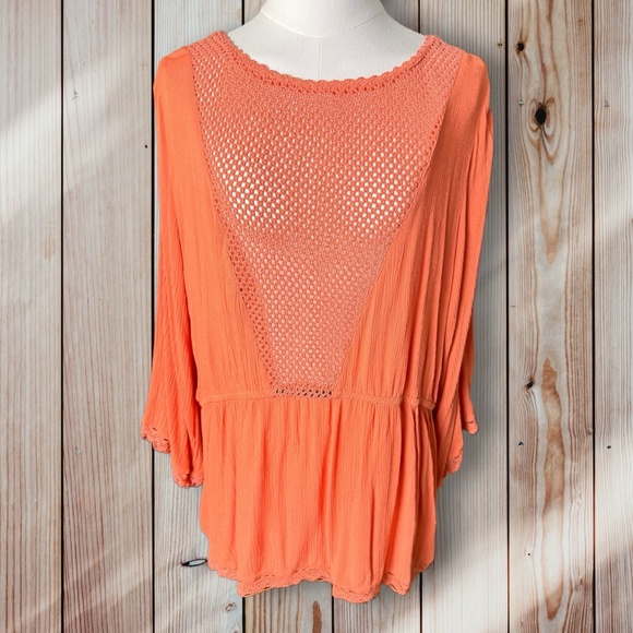 Women’s 1X Flowing Coral Tunic Deep V Mesh Panel Elastic Waist Bell Sleeves - Picture 1 of 5